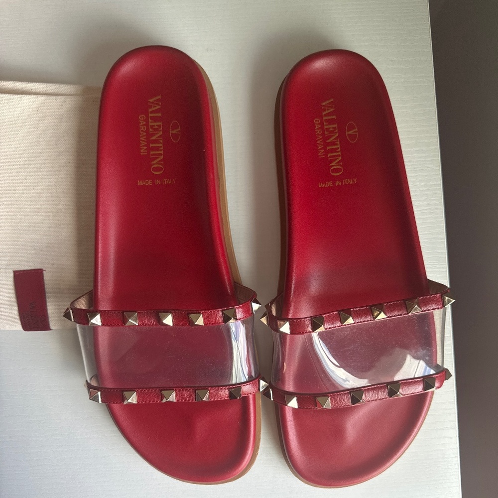 Valentino Garavani Red Rockstud Clear-Strap Slide Sandals